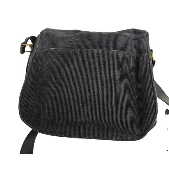 Black Corduroy Crossbody Bag With Plaid Buckle Accent & Faux Leather Strap - Picture 5 of 10